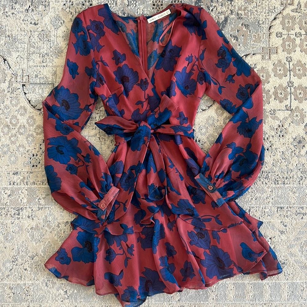 Long-Sleeve Floral Tie-Waist Dress in Burgundy & Navy